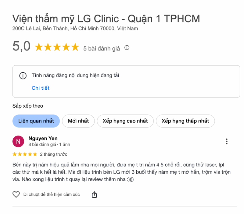 Đánh giá có LG Clinic trên google