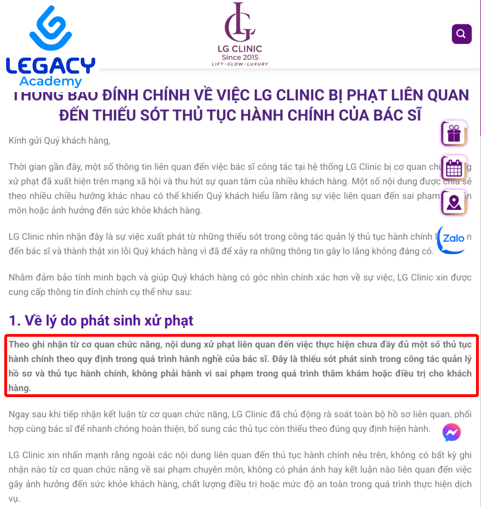 thông tin LG Clinic đăng trên website